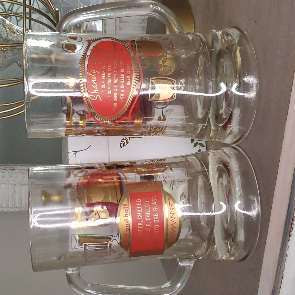 Rare Mid century modern Jeanette  Gold Cocktail Recipe beer pint set  2 Glasses